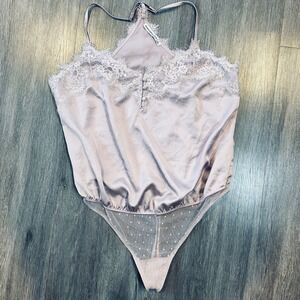 Abercrombie & Fitch Lavender Satin Lace Trim Mesh Bodysuit Large Racerback